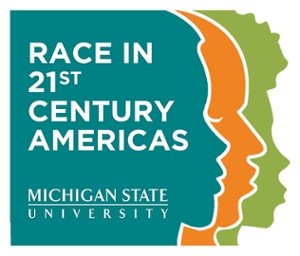 logo for Race in Americas Conference, profile of people of different races in teal , orange and green